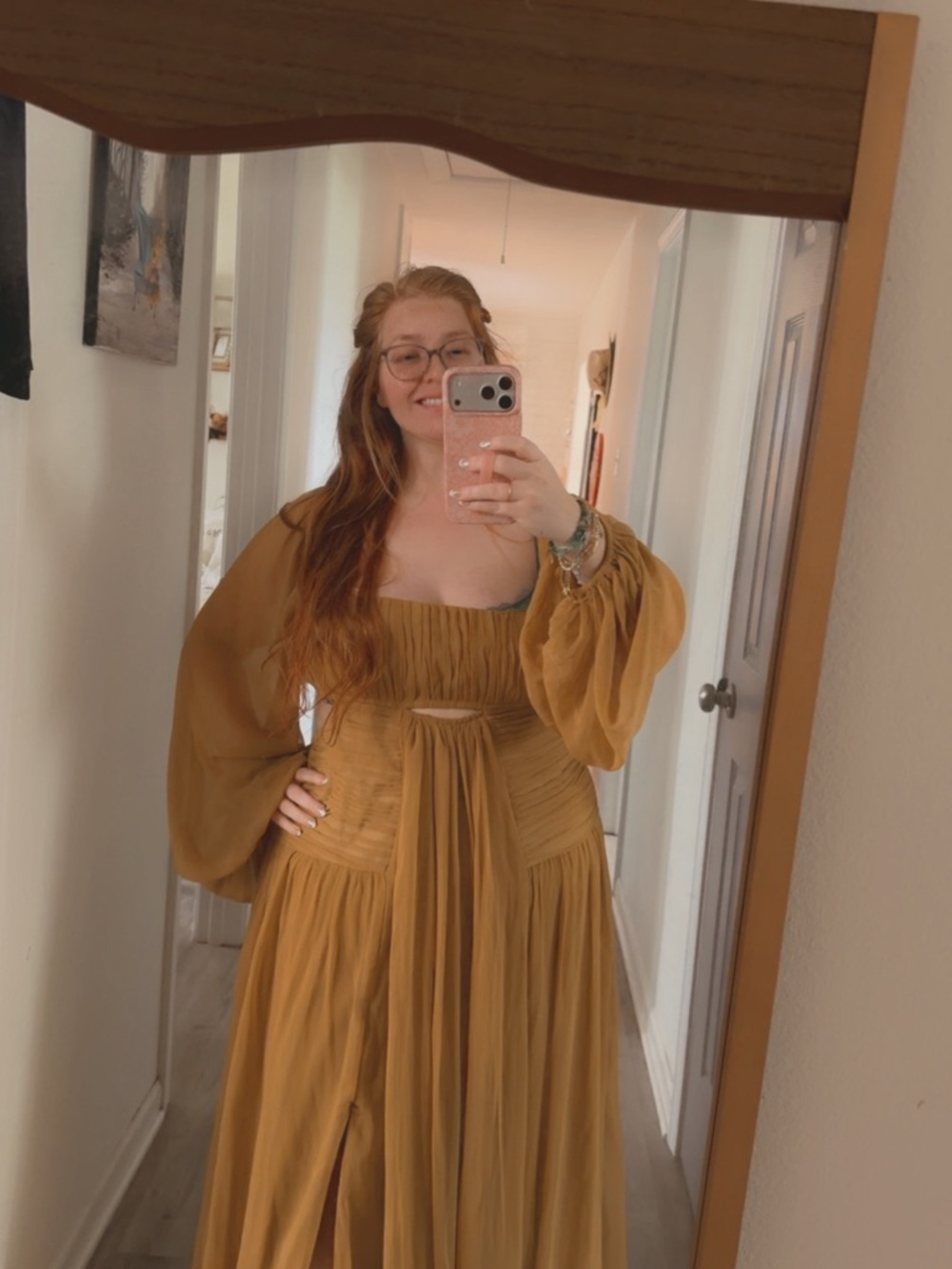 ASOS Curve Mustard Long-Sleeve Empire Waist Back-less Maxi Dress - Picture 3 of 7